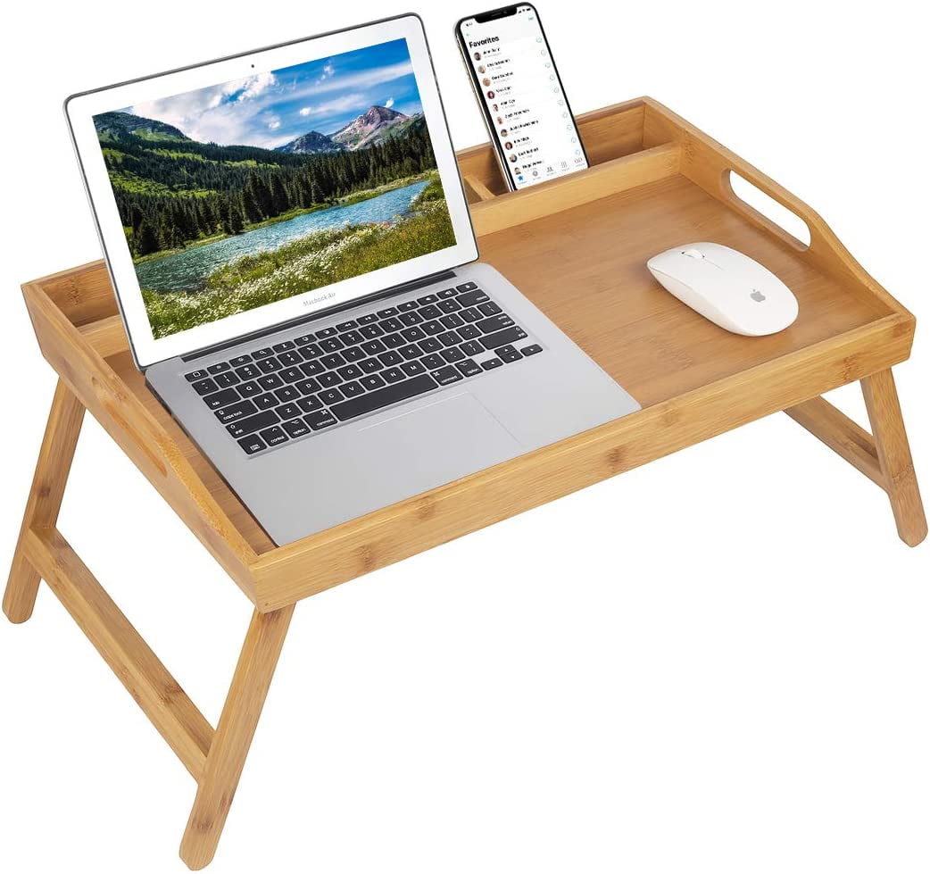 Leinuosen 2 Pcs Large Bed Tray Table with Media Slot 19.7 Inch Bamboo  Breakfast Food Tray with Handles Folding Legs Portable Laptop Pad Desk TV  Snack