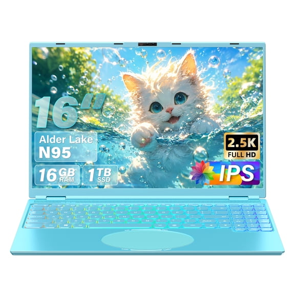 16" Blue Laptop, 2.5K QHD(2560x1600) IPS,Celeron N95, 16G RAM 512G SSD, Win 11/Office 2019, Color Backlit KB, Face Unlock, USB-C/HDMI/WiFi/BT, for Business Study