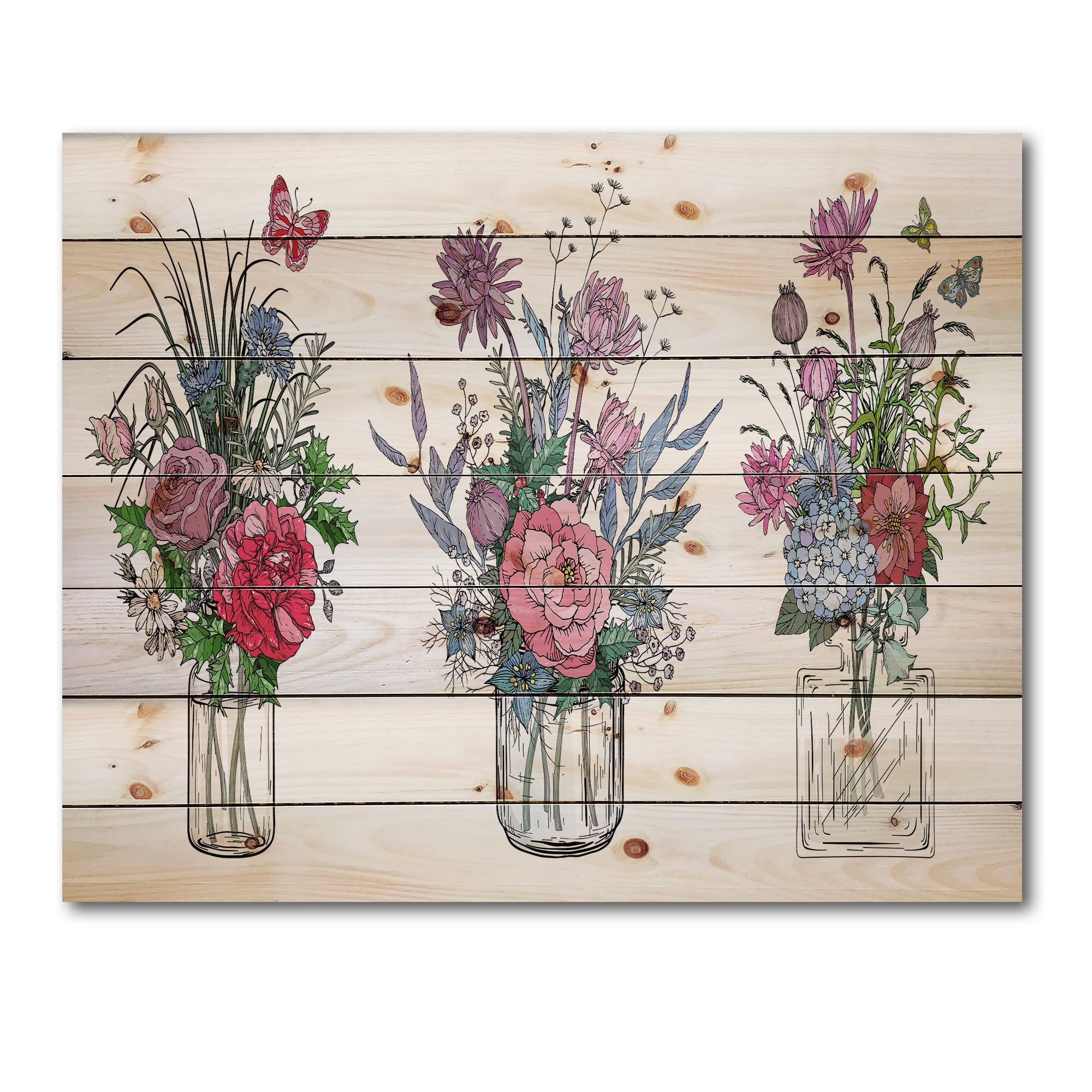 Designart 'Transparent Vases With Bouquets of Wildflowers I' Farmhouse Print on Natural Pine Wood