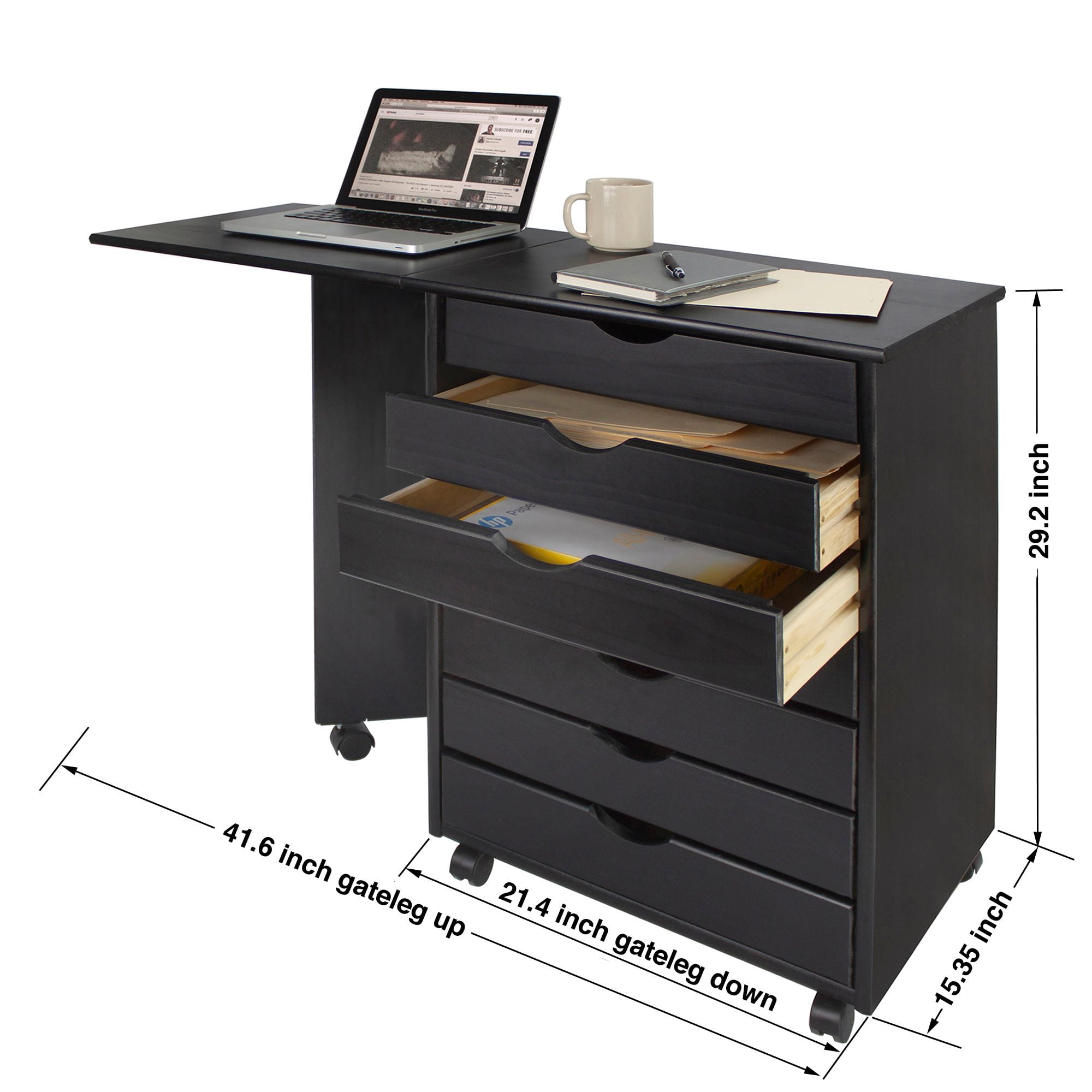 Jela Solid Wood 7 Drawer Gate Leg Roll Cart Desk in Black