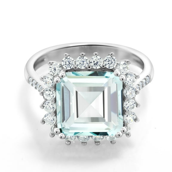 Gem Stone King 4.83 Cttw Sky Blue Simulated Aquamarine Ring | 925 Sterling Silver | Octagon Cut 10MM | Wedding Engagement Anniversary Promise Ring for Women | Size 6