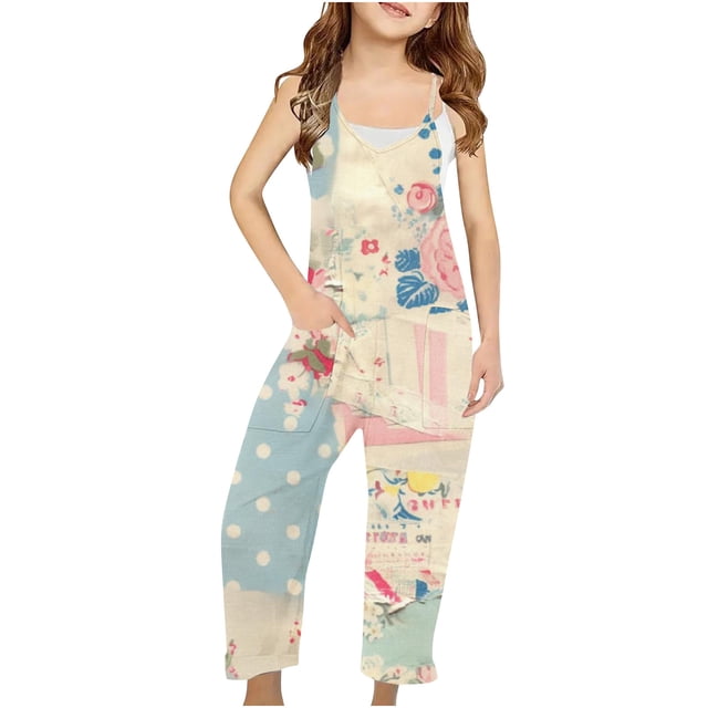 Girls Casual Jumpsuits Sleeveless Summer Rompers Long Pants With Pockets For 5-14 Years