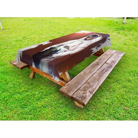 

Outer Space Outdoor Tablecloth Cute Kitty Cosmonaut on Earth World in front of Color Splash Surreal Design Decorative Washable Fabric Picnic Table Cloth 58 X 84 Inches Red White by Ambesonne