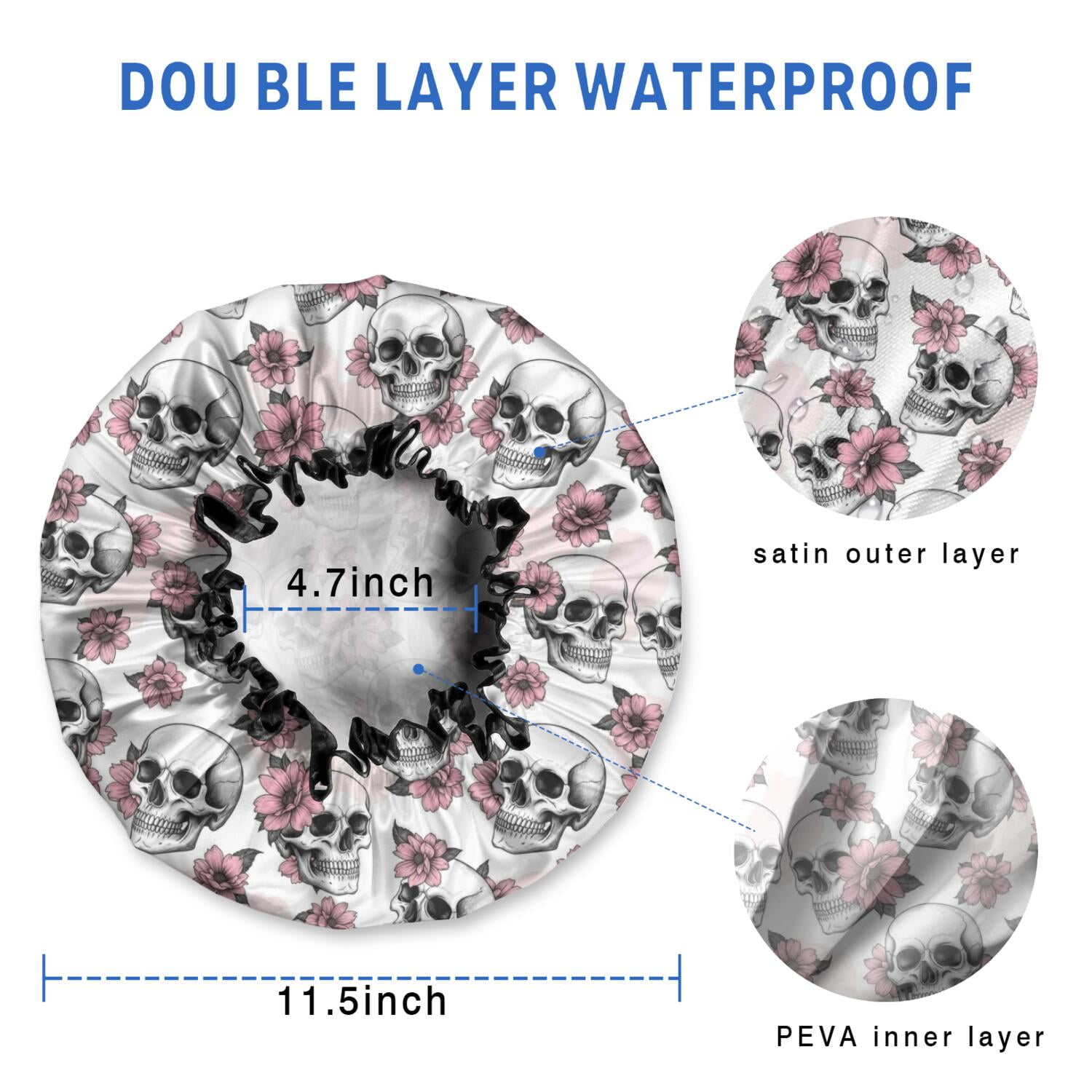 Shower Caps,White Floral Skull Pattern Waterproof Shower Cap for Women 4 Pieces,Double Reusable Hair Cover for Shower PEVA Elastic Stretch Hem