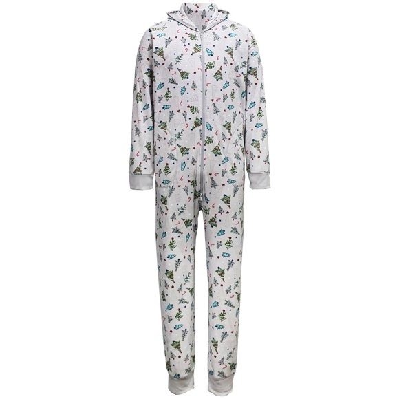 Pyjamas Familiaux Assortis pour Hommes, Ensemble de Pyjama à Capuche avec Arbres Festifs, Blanc, Très Grand
