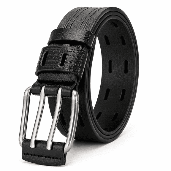 TRISJEM Men's Double Prong Belt, Big & Tall 39"-41" Waist, Textured PU Leather Belt with Breathable Elongated Slots, Adjustable Casual Work Belt for Jeans Work Pants, Black Dark Brown Orange, 3 Color