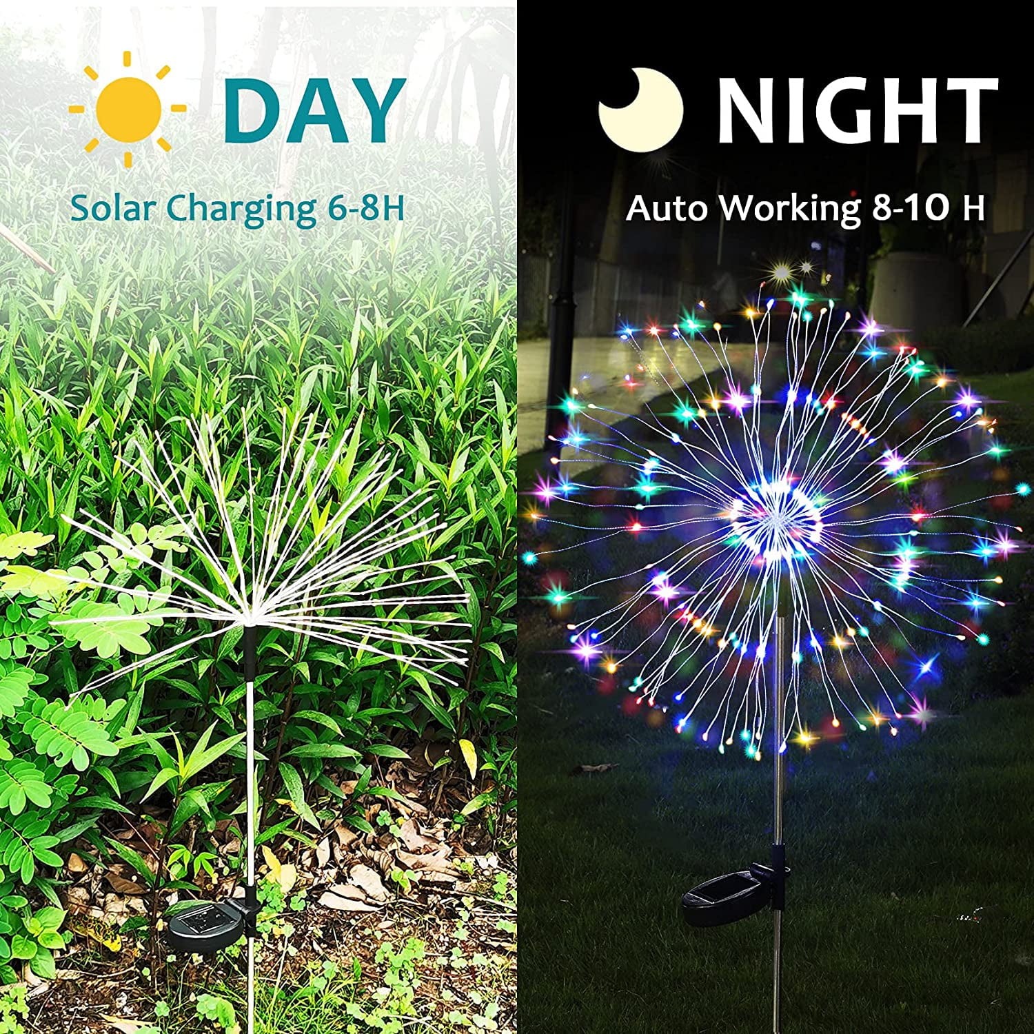 Solar Garden Lights Solar Firework Lights, 2 Pack 120 LEDs 2 Lighting Modes Waterproof Solar String Light for Garden Patio Walkway Pathway Party Wedding Decorative - Colorful