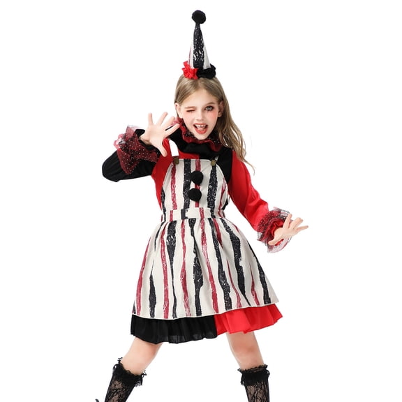 Auroural Girls Clown Dress Children Girls Halloween Vintage Style Performance Cos Clothing Long Sleeved Top Pinafore Dress Headpiece Necklace Arm Sleeves Set