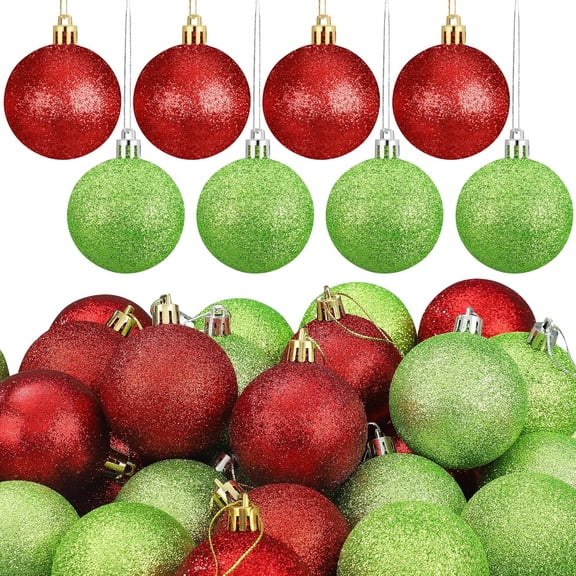 12 Piece Plastic Shatterproof Ornament Set, 2.4 Inch Red and Lime Green Glitter Snowball Christmas Tree Decorations