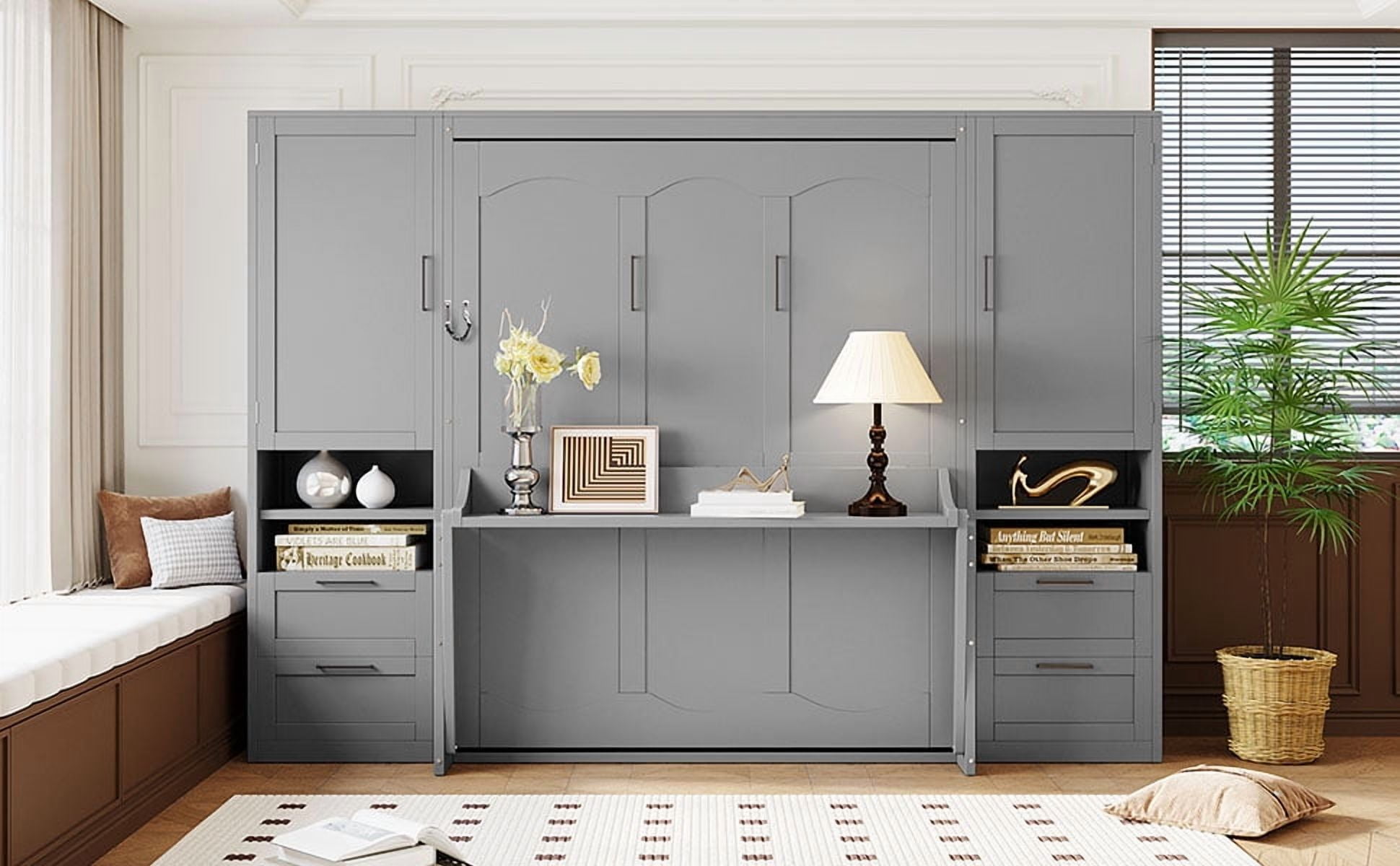 Mintazer Queen Size Murphy Bed with Side Wardrobes & 4 Drawers, Foldable Wall Cabinet Bed with Large Storage & Console Table for Guest Room Home Office Bedroom, Grey