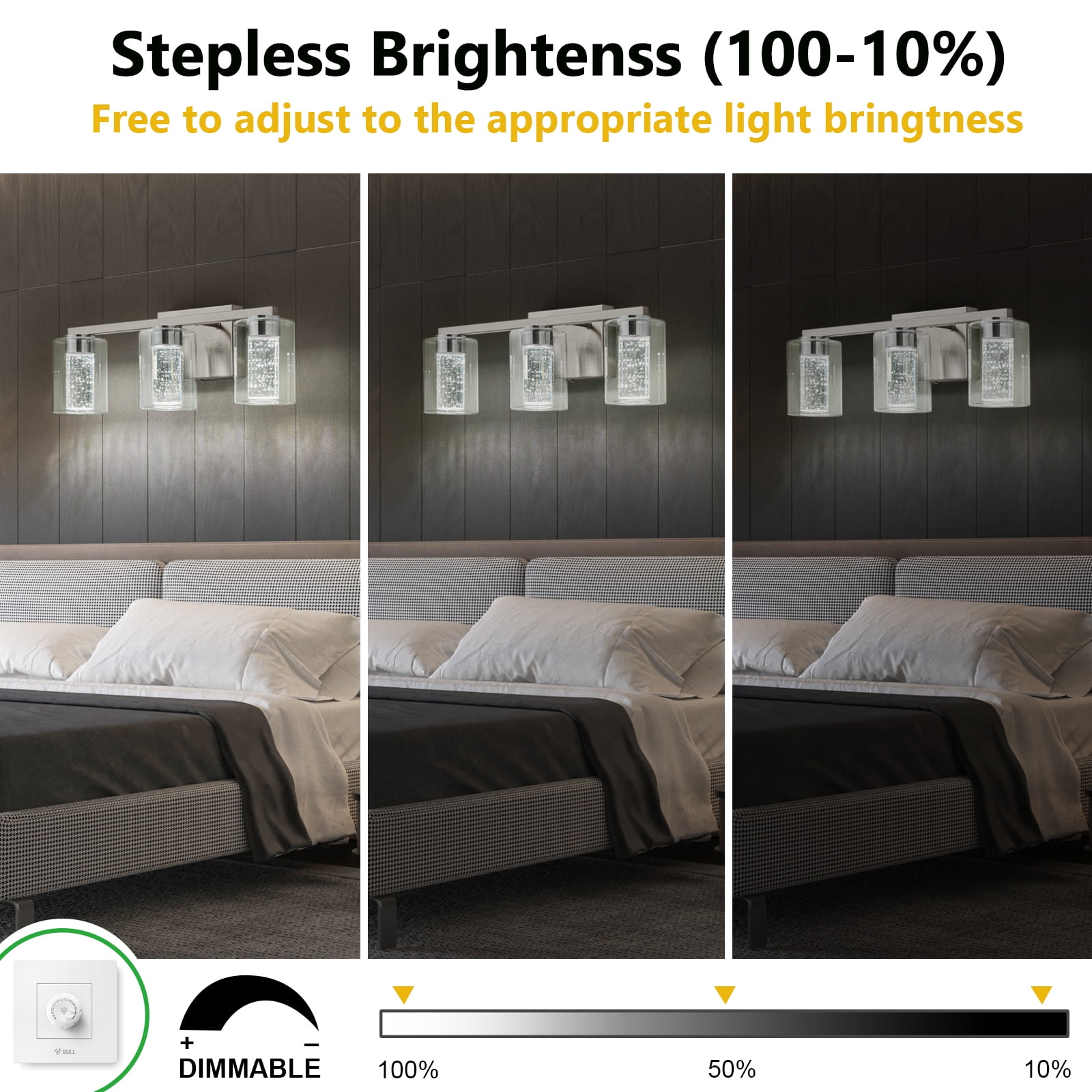 SineRise 3-Light LED Vanity Mirror Light, 17.3in Modern Bathroom Wall Lamp, 3-Color Modes, Dimmable Brushed Nickel Finish