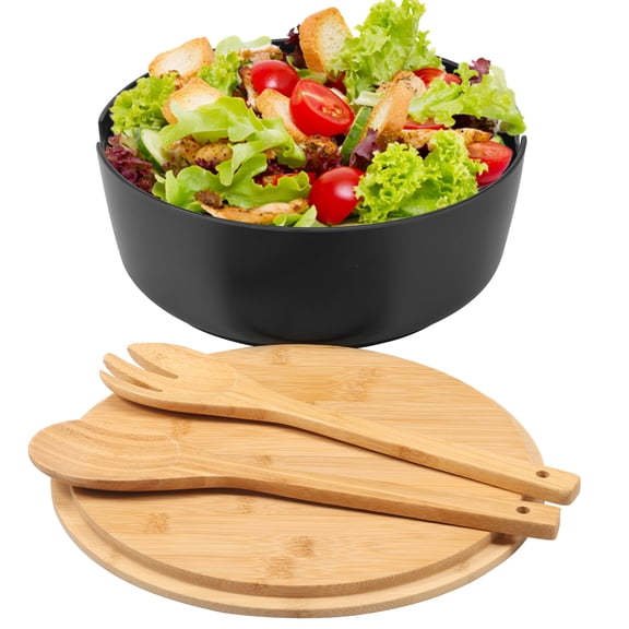 Grusce Bamboo Fiber Salad Bowl, 10.8inch 134 OZ Round Bamboo Mixing Bowl with Lid Spoon and Fork, Bamboo Fiber Salad Serving Set with Utensils for Snack Cake Bread Pasta, Vegetables