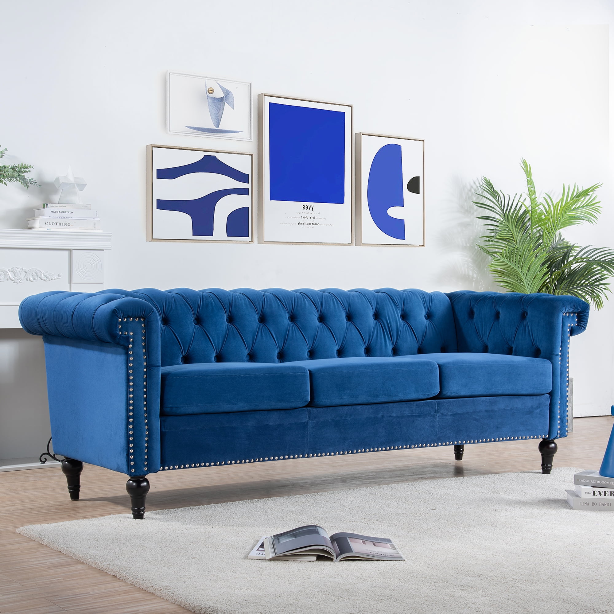 Resenkos 84" Width Traditional Sofa Couch with Tufted Back and Square Arm for Apartment Blue