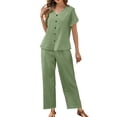 thumbnail image 2 of Zynoxe 2 Piece Sets for Women Going Out Trendy V Neck Button Down Top Elastic Waist Lace Pants Suit Soft Breathable Cotton Linen Womens Lounge Set Casual Loose Solid Color Summer Outfits 2XL, 2 of 10