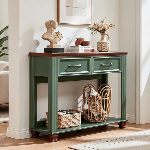 Joaxswe 46" Farmhouse Console Table, Mid-Century Entryway Table with 2 Drawers for Living Room, Green