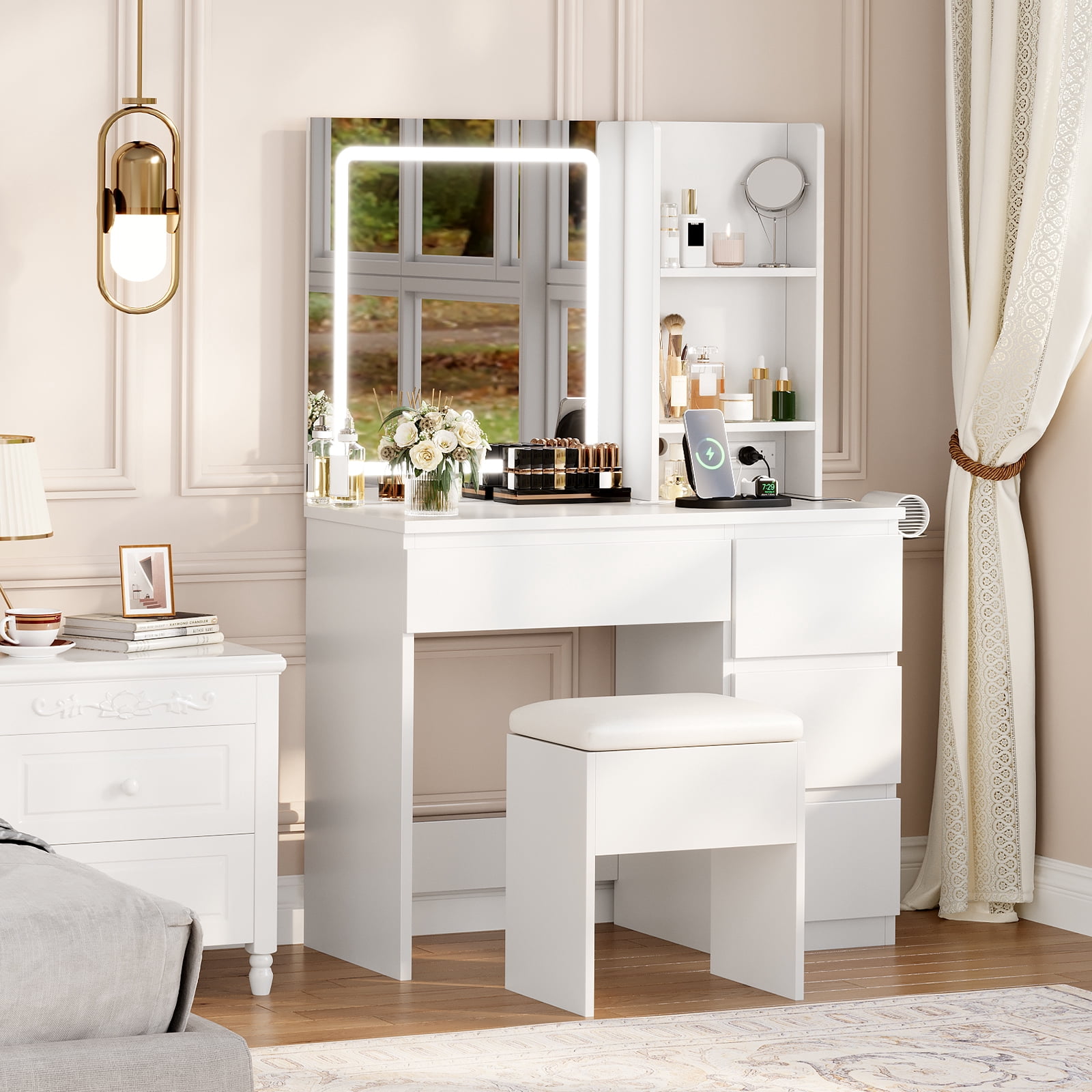 M optimized Vanity Desk with Mirror and Lights - Modern Makeup Dressing Table with Outlets, Storage Stool, 4 Drawers & Hair Dryer Holder - 3 Colors LED Vanity Mirror, Vanities for Bedroom
