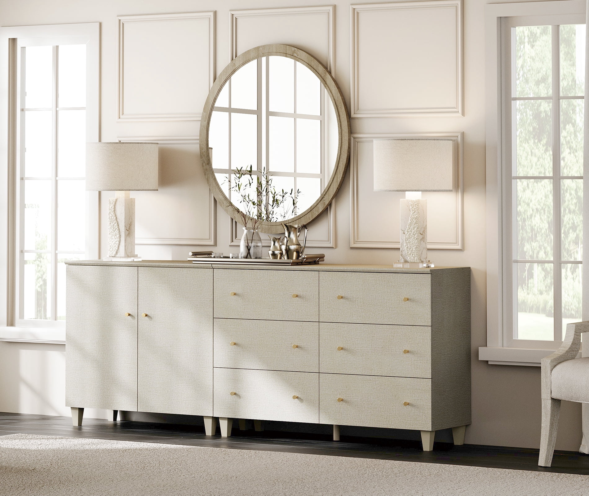 WAMPAT Wood Dresser with 6 Drawers and 1 Cabinet for Bedroom, Modern Chest of Drawer, 83" Wide, Beige Linen Printed Finish