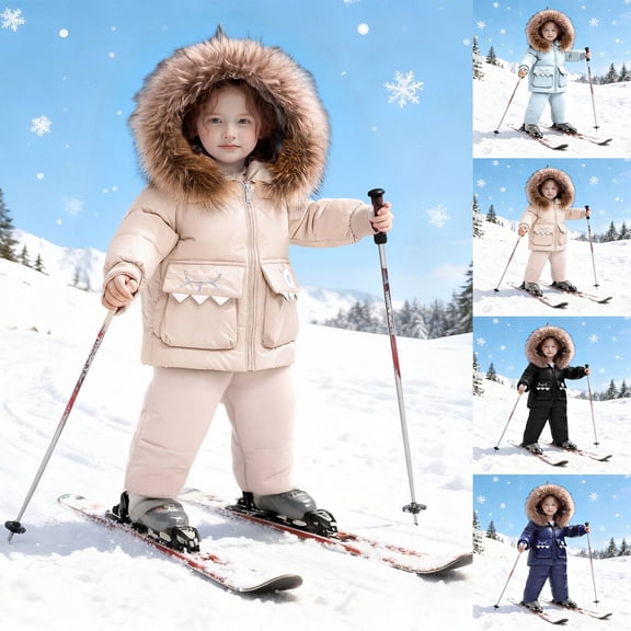 shoper Girls Snowsuit 2t Winter Coat and Snow Pants Set Overall Windproof Ski Suit Snowsuit Winter Outfit Sets Beige 90