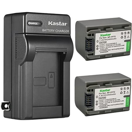 Kastar 2-Pack NP-FP70 / FP71 Battery and AC Wall Charger Replacement for Sony DCR-HC94 DCR-HC96 DCR-SR30 DCR-SR40 DCR-SR50 DCR-SR60 DCR-SR70 DCR-SR80 DCR-SR90 DCR-SR100 HDR-HC3 Camera