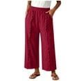 thumbnail image 3 of Oksale Linen Pants Women Petite Loose Wide Leg Ruffle Pull On Pants with Pockets Elastic Waist Summer Cotton Trousers Red XL, 3 of 8