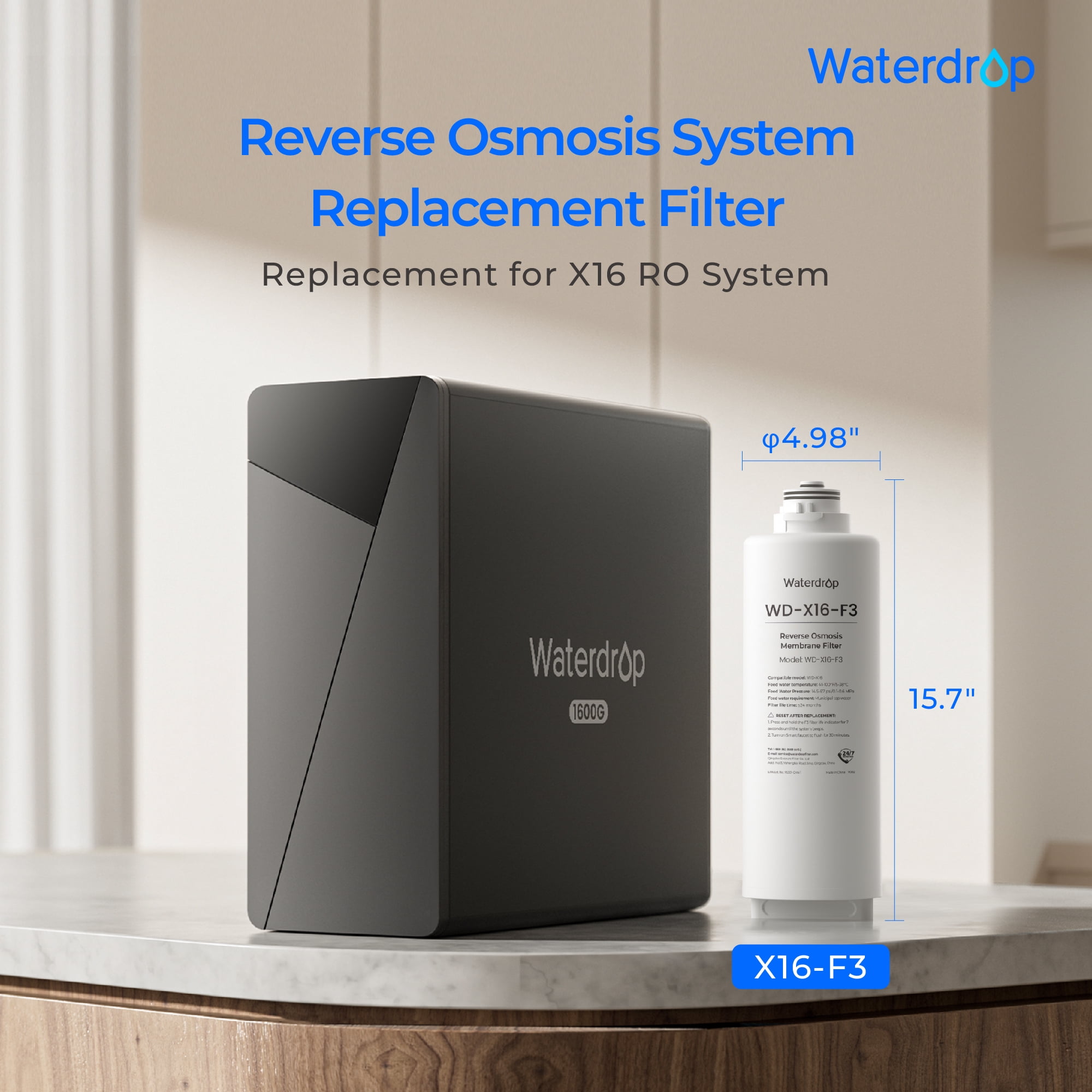 Waterdrop WD-X16-F3 Filter, Replacement for WD-X16-Alkaline 1600 GPD Reverse Osmosis System, 24-month Lifetime, Reduce PFAS