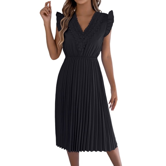 Afdoent Womens Dresses For Ruffle Short Sleeve Lace Midi Dress Pleated Dress Cute Teacher Outfits Travel Outfits
