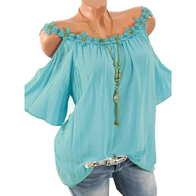 DYMADE Women Cold Shoulder Lace Short Sleeve Soild Color Tunic Top