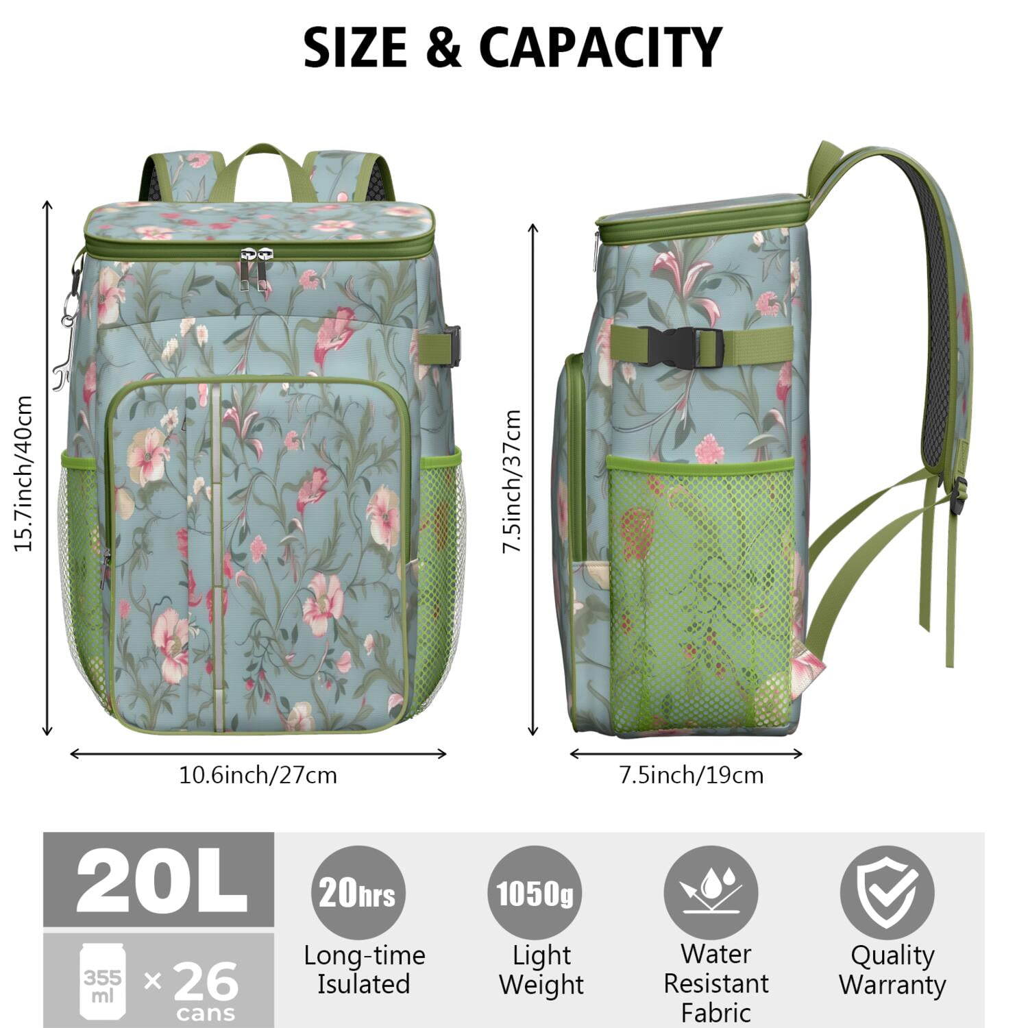 Travel Cooler Bag - Pioneer Flower Floral Print Pattern Camping Beer Cooler Backpack with Bottle Opener- Waterproof Insulated Picnic Backpacks - Cooler Bag for Beach