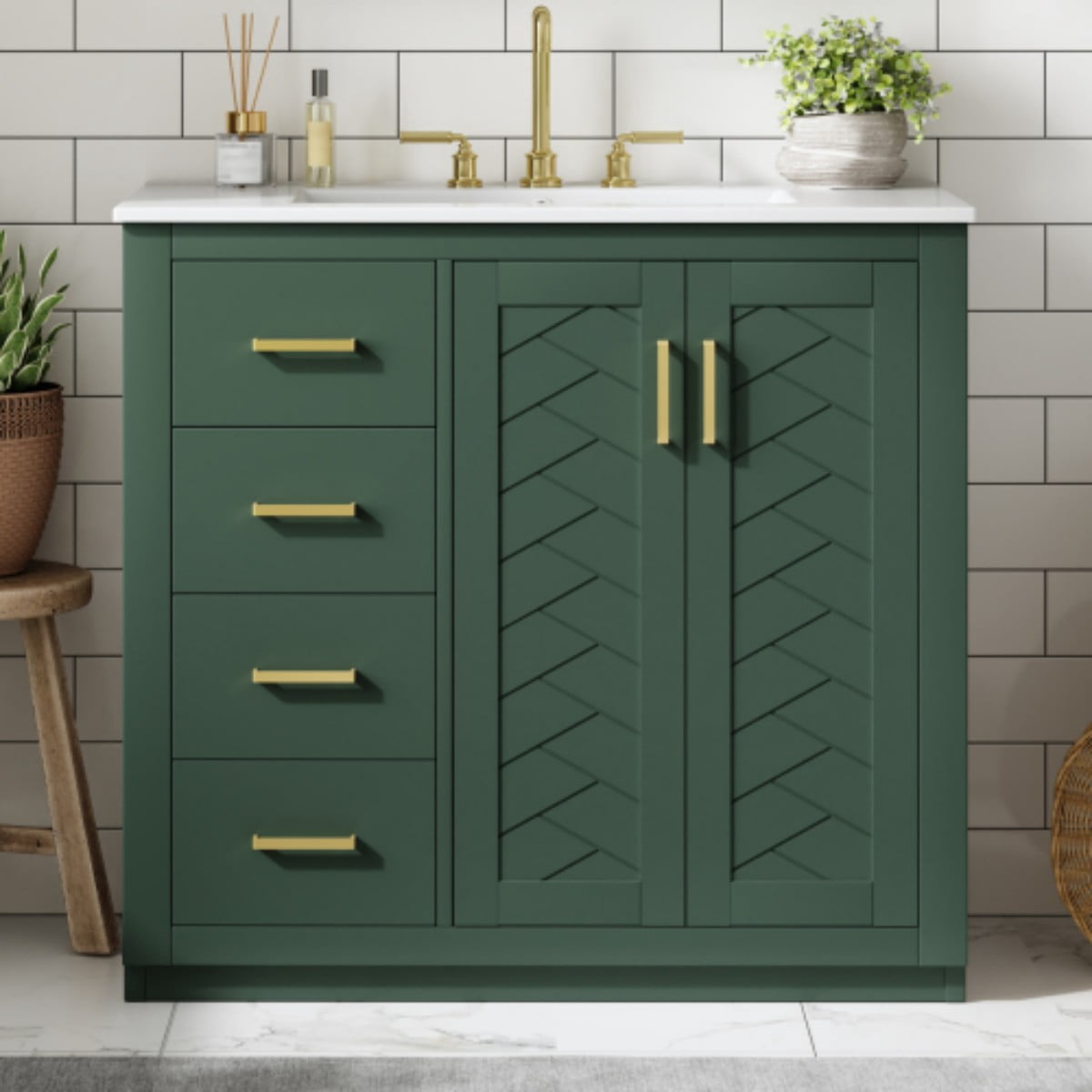 36" Bathroom Vanity with Sink, Freestanding Bathroom Vanity Cabinet with Ceramic Sink, Solid Wood Frame, 3 Drawers & Soft Close Doors, Modern Storage Cabinet, Green