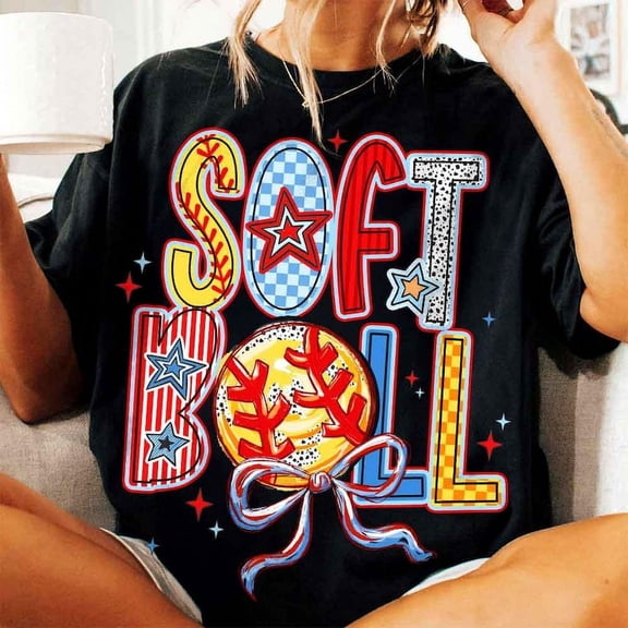 Softball Coquette T-Shirt, Brushstroke Softball Mama Shirt, Game Day Softball Bow Tee, Cute Softball Mom T-Shirt
