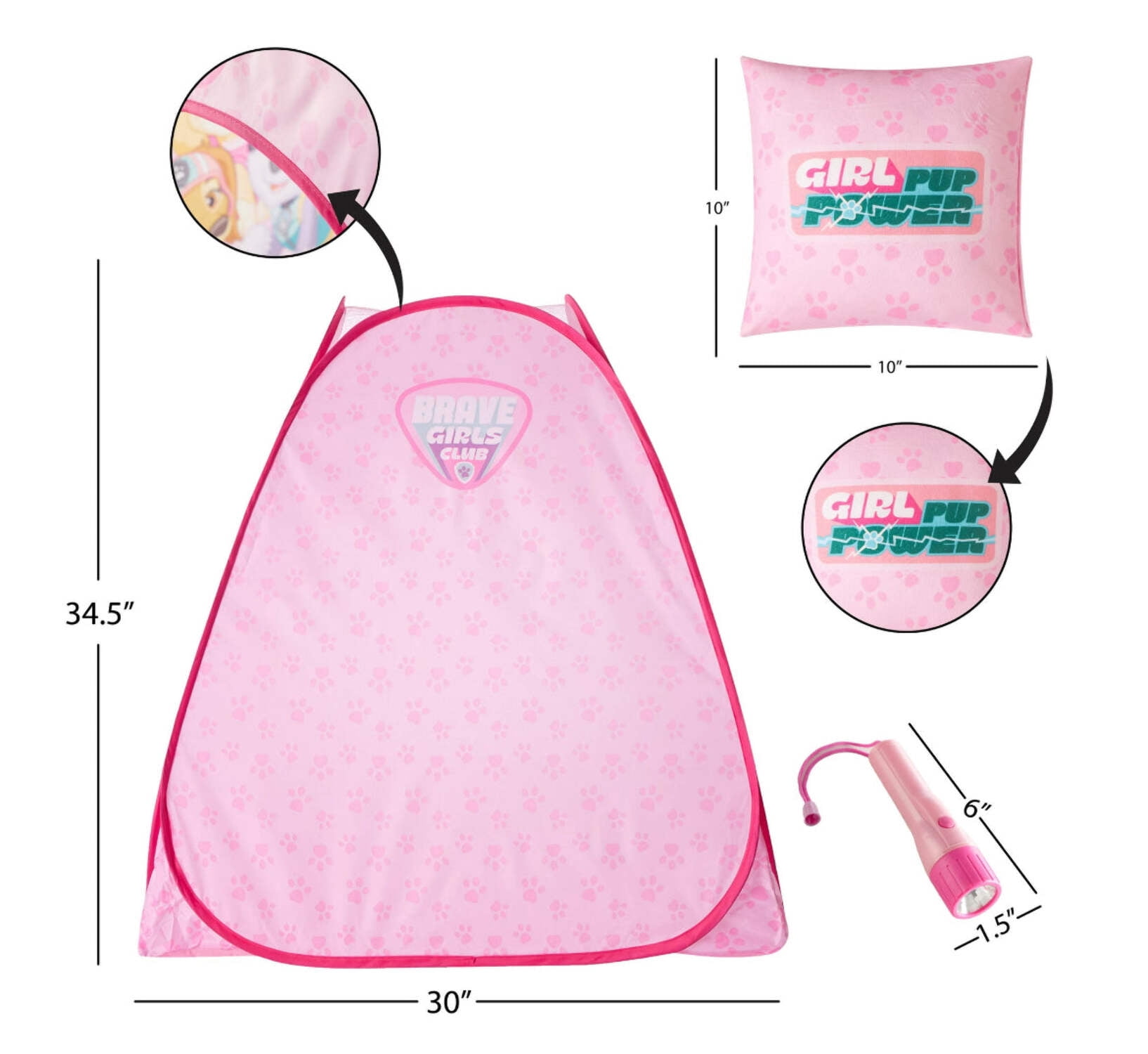 Paw Patrol 3pc Tent Set with Pillow and Flashlight Pink Girl Toddler Walmart