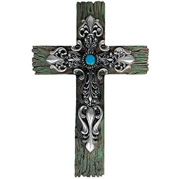 Urbalabs Western Distressed Floral Teal Religious Country Ranch Wall Decor 12" Christian Wall Cross Decor Marriage Gifts Tooled Wall Hanging Crosses Turquoise Gem Stone