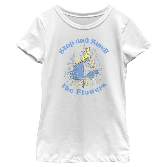 Girl's Alice in Wonderland Stop and Smell the Flowers Graphic Tee White X Small