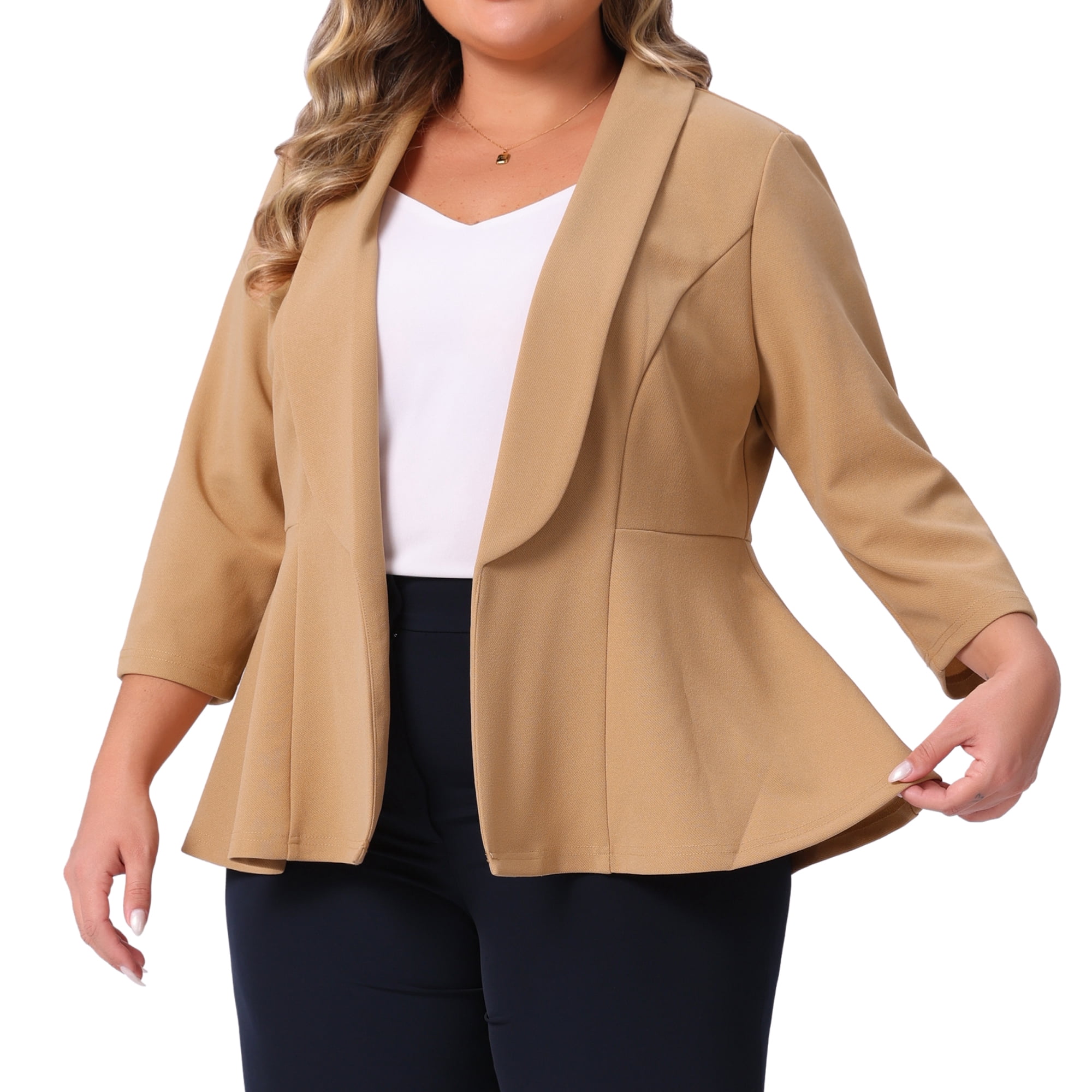 DARING DIVA Plus Size Blazer Sleeve Open Front Peplum Work Suit Jacket 2X Khaki