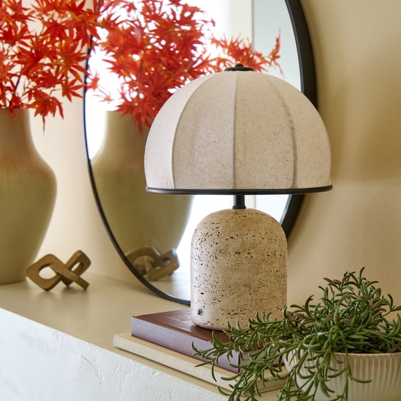 Better Homes & Gardens Rechargeable 14-Inch Stone Gourd Table Lamp with Fabric Dome Shade