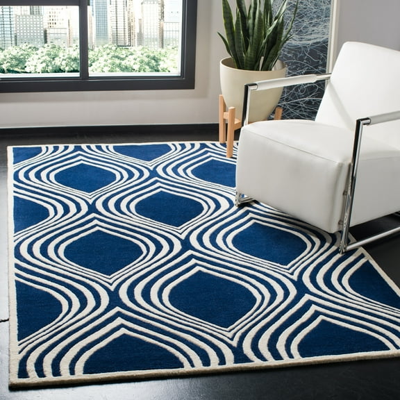 SAFAVIEH Chatham Shaelyn Geometric Wool Area Rug, Dark Blue/Ivory, 4' x 6'