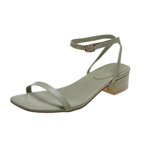 

sandals for Women Ladies Fashion Solid Color Leather Open Toe Chunky Heel Buckle Sandals PU Dress Sandals for Women Green