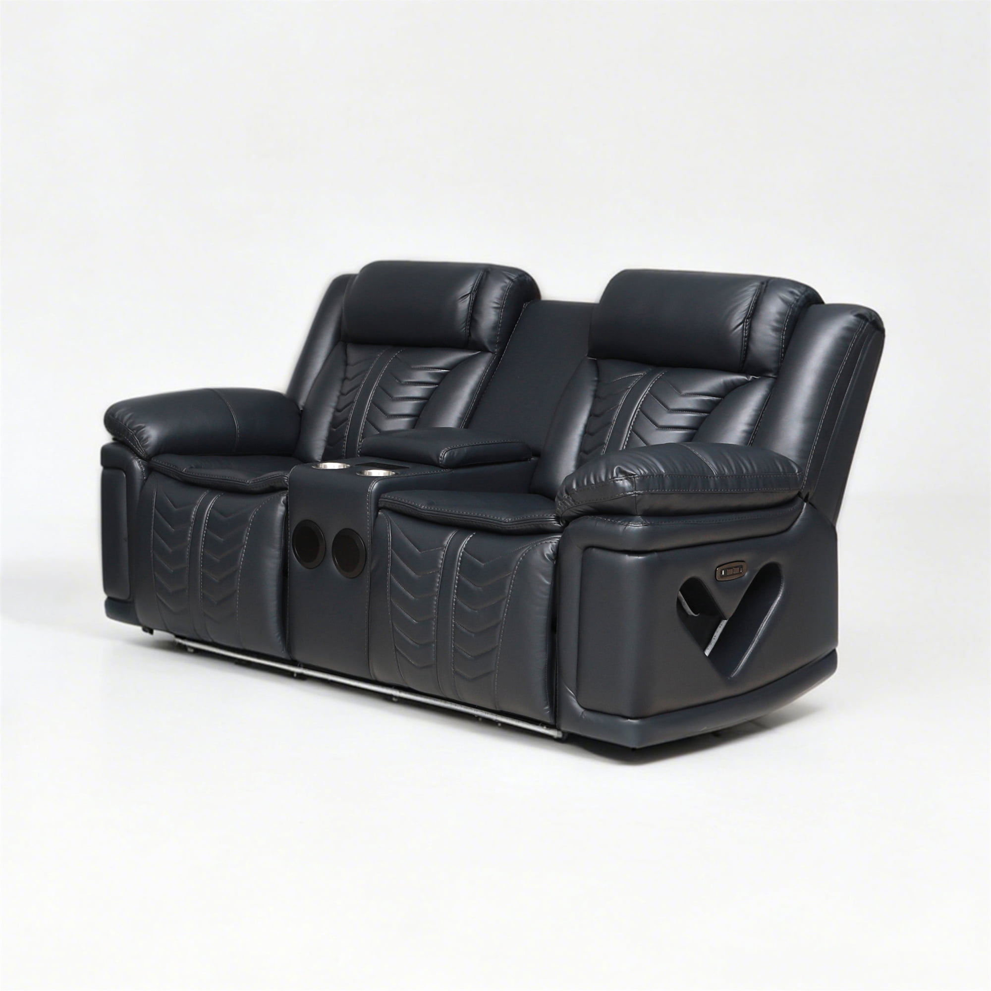 Electra Luxury Power Reclining Loveseat - Dark Grey Faux Leather Motion Console Couch with Built-In Bluetooth Speakers, Storage, Cup Holders, and Cinematic LED Lighting