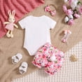 thumbnail image 3 of Douhoow 2Pcs Baby Girl Easter Outfit Infant Bunny Print Short Sleeve Romper+ Pink Flower Shorts+Bow Headband, 3 of 9