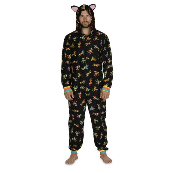 Mens Plush Black Rainbow Unicorn Hoodie Union Suit Sleeper Pride Pajamas S/M