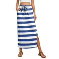 thumbnail image 2 of Womens Striped Print Maxi Skirt High-waisted Drawstring Swing Mid-length Side Slits Boho Beach Vacation Long Skirts Blue M, 2 of 6
