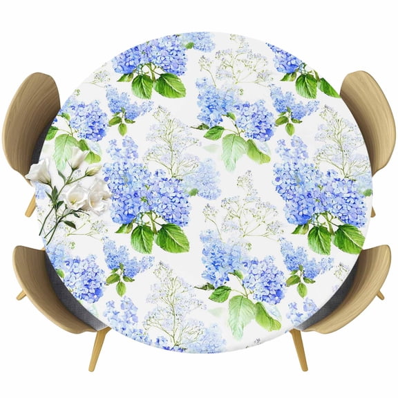 Summer Hydrangeas Round Tablecloth, Fitted Table Cover with Elastic for 36"-44" Round Tables, White Blue Flowers Pastoral Leaves Table Cloth Outdoor Indoor Dinning Party Waterproof Tablecloths