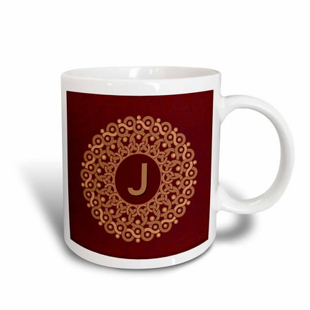 - 3dRose Monogram J tan and coffee mandala on rich chocolate muted grunge damask, Ceramic Mug, 11-ounce
