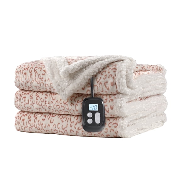 SUNNY HEAT Heated Electric Blanket Full Size 72'' x 84'' 10 Heating Levels & 1-12 Hours Auto Off , Leopard Brown & White