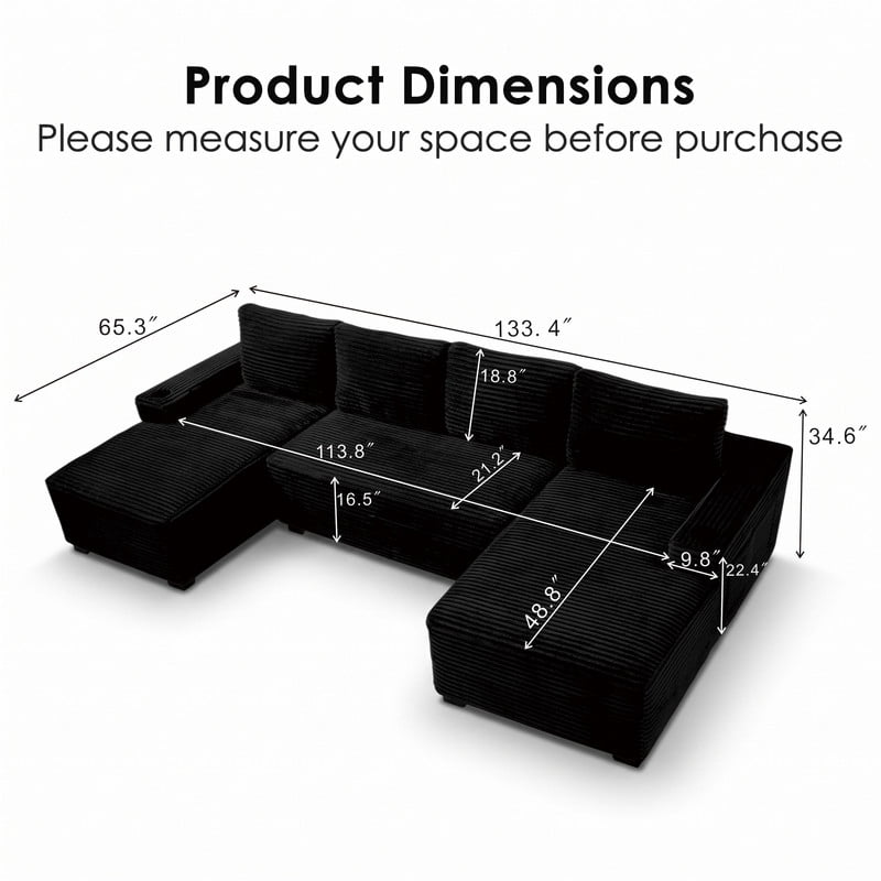 Anpport 133" Boneless Cloud Modular Sectional Couch, Corduroy Sofa with Cup Holders, Side Pockets, Deep Seat, No Assembly Required for Living Room, Black (U‑Shaped)