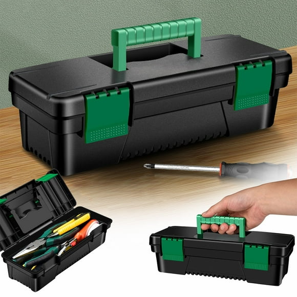 Iumwxz Organizers and Storage Small Tool Box 10-Inch Plastic Tool Boxes with Handle Removable Tray with Double Lock Secured Toolbox for Home Dresser Shelf Cabinet Black Plastic Holiday Deals