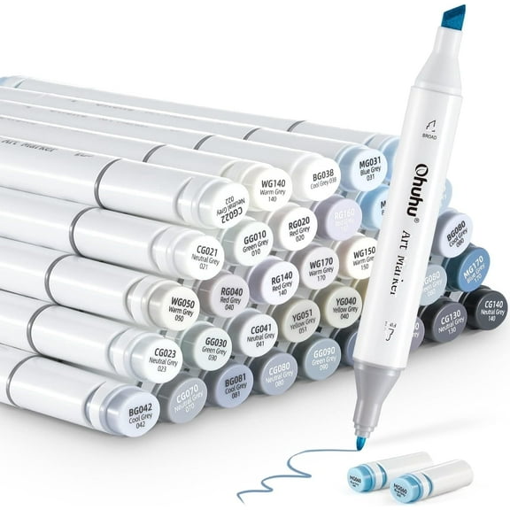 Ohuhu Alcohol Markers Gray Tone 36-Color Set, Chisel & Fine Tipped, Refillable- Oahu