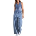 thumbnail image 2 of Chaleco de mezclilla sin mangas para mujer INSPIRE CHIC, con cuello en V y botones, chaqueta casual de mezclilla, azul claro, talla S, 2 of 6