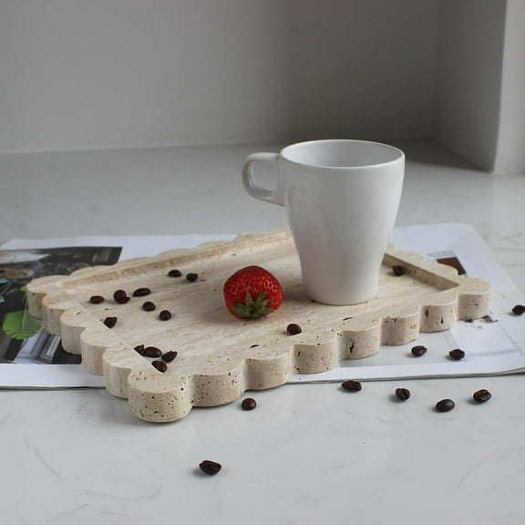 Natural Luxury Scalloped Travertine Tray 10.8"x8", Beige Rectangle Vanity Tray for Bathroom Kitchen Counter, Decorative Tray for Dresser Home Decor