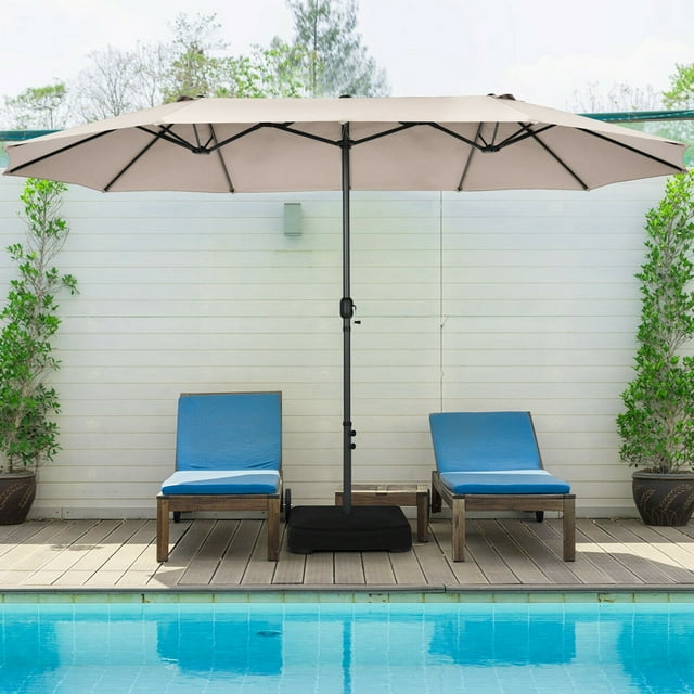 Gymax 15 ft Double-Sided Patio Umbrella Market Twin Umbrella w/ Enhanced Base Beige